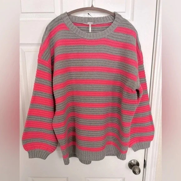 NWOT Free People, Links Pullover, Pink/Gray Stripes - Picture 2 of 8